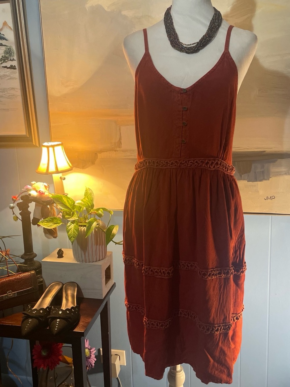 raya sun burnt sienna sleeveless midi dress with braided waist
